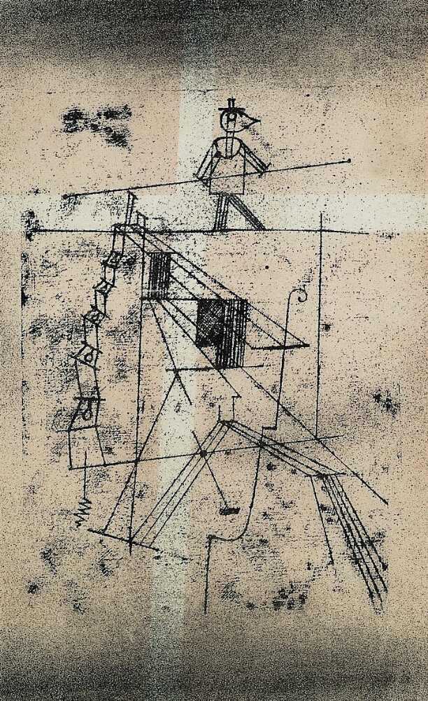 An abstract print of a figure holding a stick on a tightrope supported by a scaffolding of varying lines in black, set against a light pink and white background. Zig-zag lines suggest a ladder to the viewer's left
