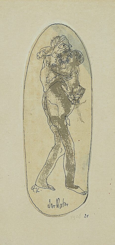 A mixed media, abstract drawing of a standing man holding a baby