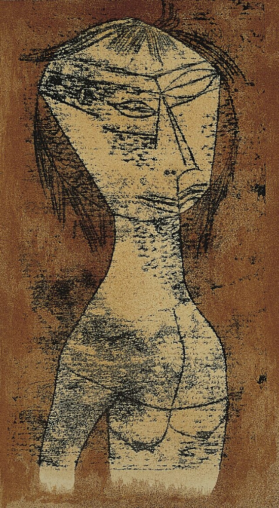 An abstract print of a beige nude figure outlined in black, shown from the chest up in three-quarter view with closed eyes, set against a brown background