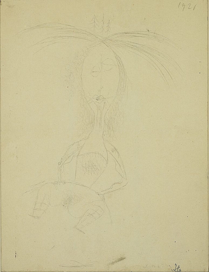 A black and white childlike drawing of a figure with hair splayed on each side and small trees sprouting on top