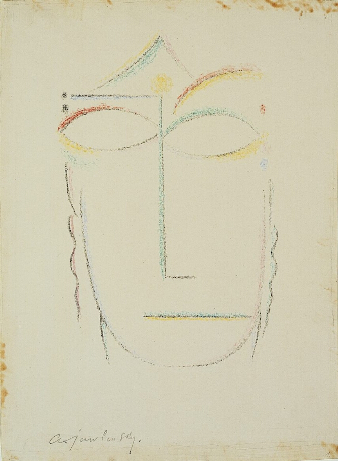 An abstract color print of a face with minimal black lines highlighted with green, yellow, red, purple and blue