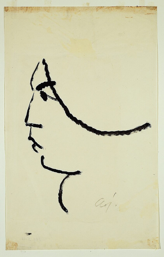 A bold, black and white drawing of a head with minimal lines, facing towards the viewer's left