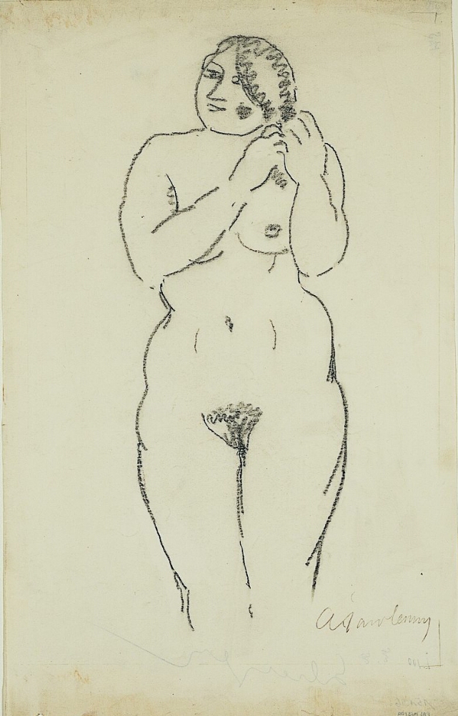 A black and white drawing of a standing nude woman in frontal view, shown from the knees up, touching her hair with both hands