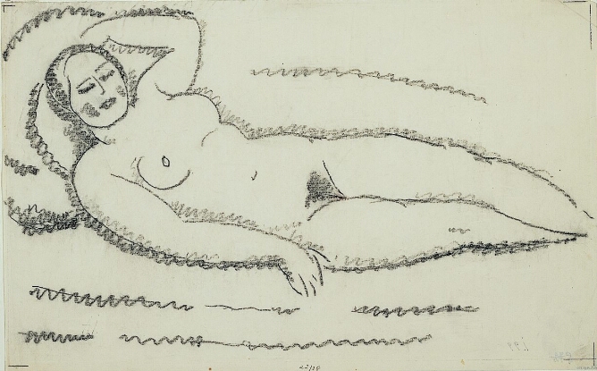 A black and white drawing of a nude woman lying in frontal view, with her eyes closed. Squiggly lines emphasize the outline of her body