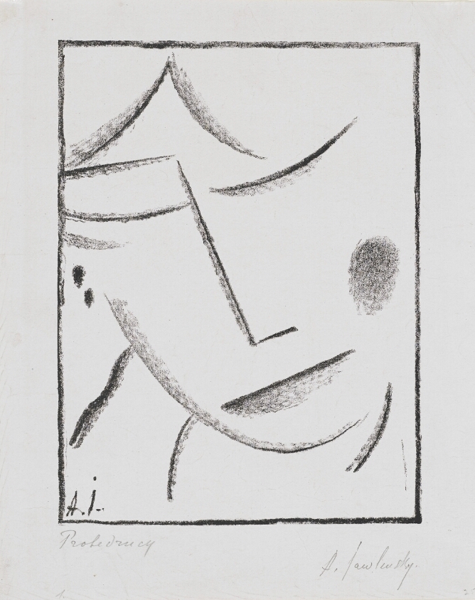 A black and white abstract print of a head with eyes closed, slightly tilting to the viewer's left, using minimal lines within a border
