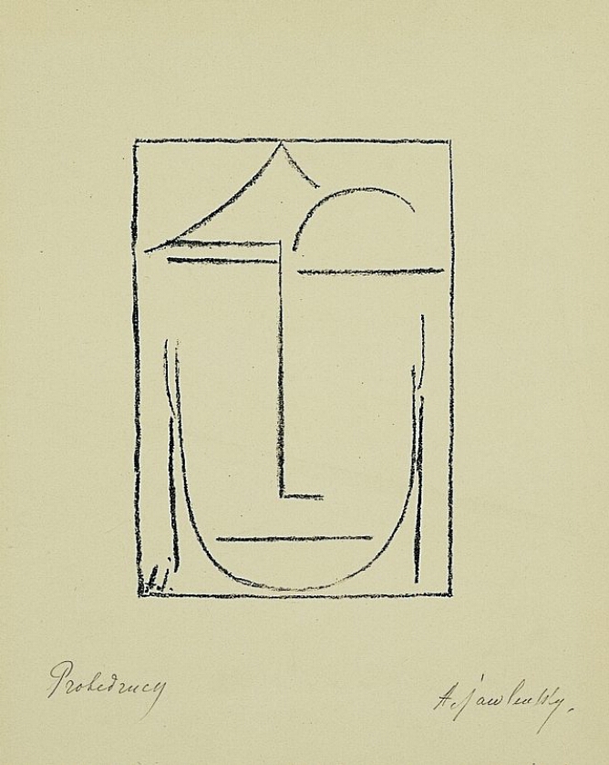 A black and white abstract print of a face with minimal lines and closed eyes within a border
