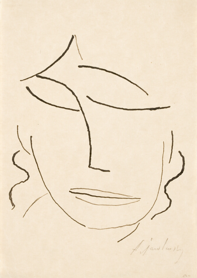 A black and white, abstract drawing of a head with minimal lines and closed eyes