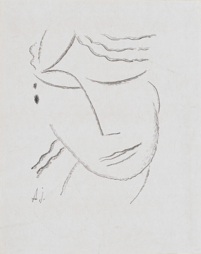 A black and white abstract print of a head with wavy hair and eyes closed, tilting to the viewer's left, using minimal lines