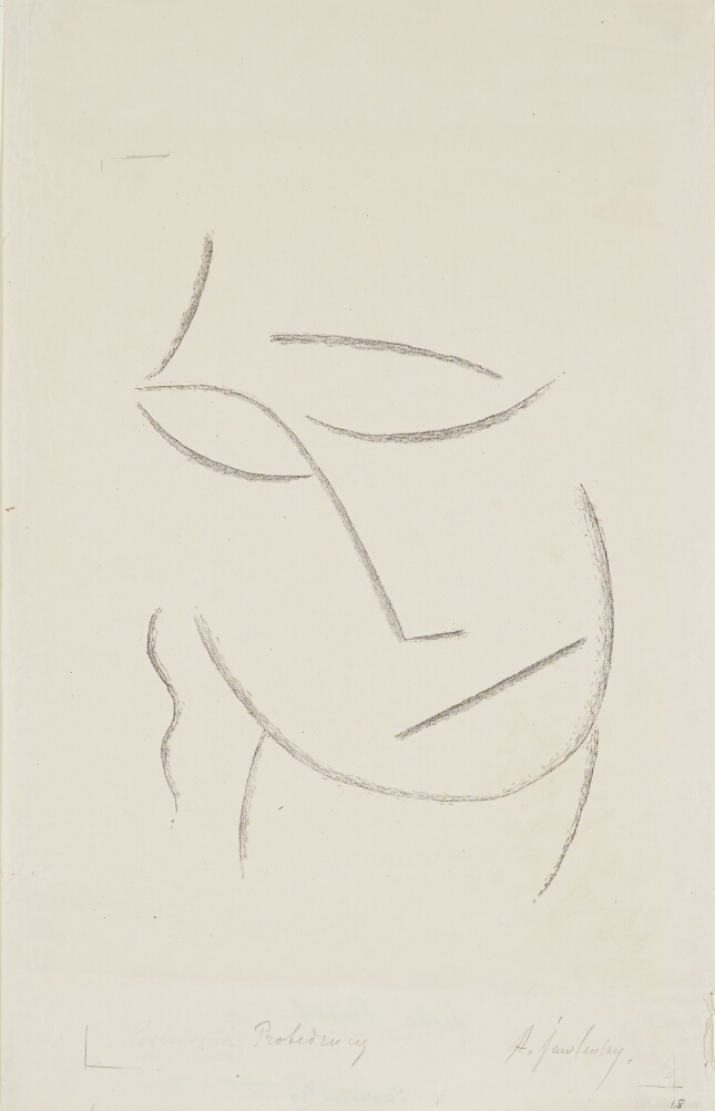A black and white abstract print of a head with eyes closed, tilting to the viewer's left, using minimal lines