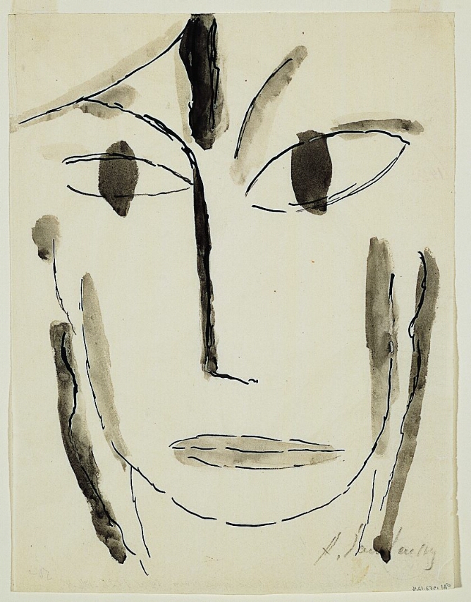 A mixed media, abstract drawing of a head with exaggerated features, filling the frame