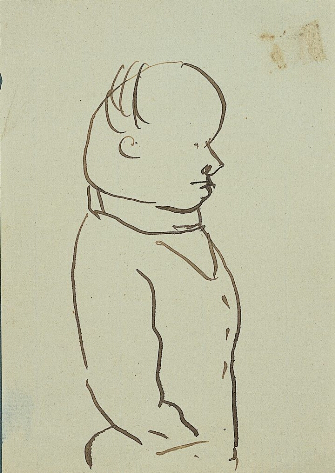 A black and white caricature drawing of a standing man facing the viewer's right, shown from the waist up, with his hand in his pocket