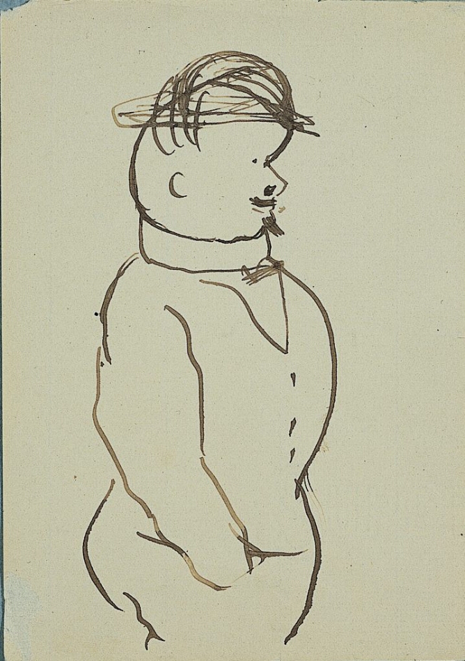 A black and white caricature drawing of a standing man wearing a hat, facing the viewer's right, shown from the waist up, with his hand in his pocket