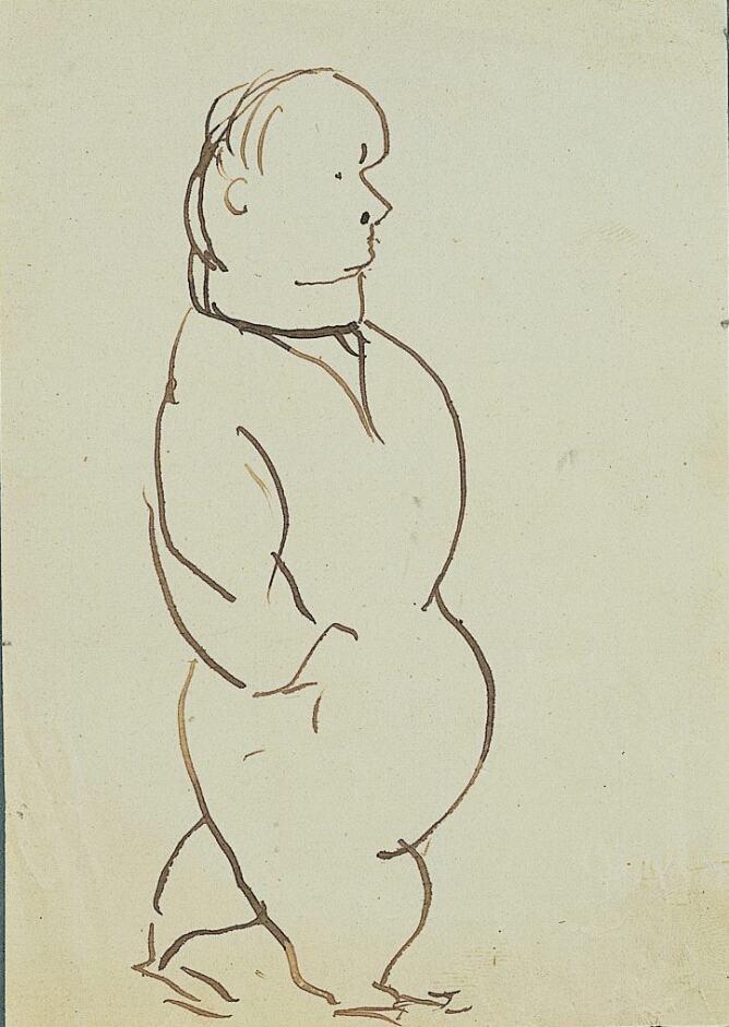 A black and white caricature drawing of a man walking towards the viewer's right, with his hand in his pocket