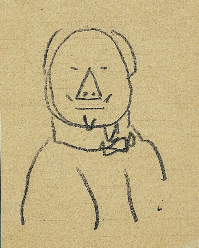 A black and white caricature drawing of a figure with a triangle nose, shown from the chest up