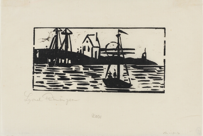A black and white abstract print of a boat with two figures approaching a harbor, where a house and sailboats can be seen