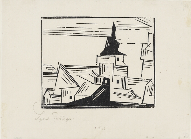 A black and white abstract print of a structure with a jagged roof composed of angles and repeating parallel lines