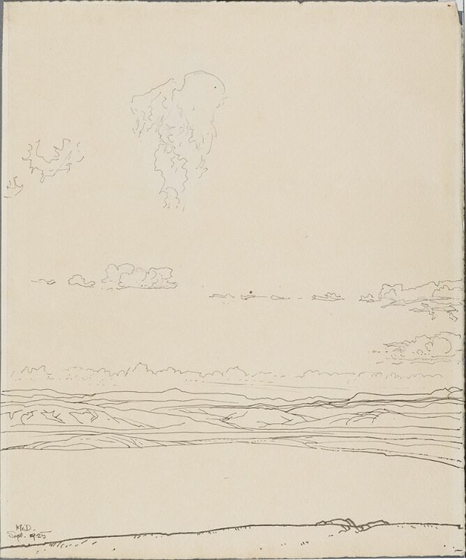 A black and white drawing of a mountainous landscape with a low horizon, featuring clouds in the sky. In the lower left corner, an inscription of the artist's initials and date