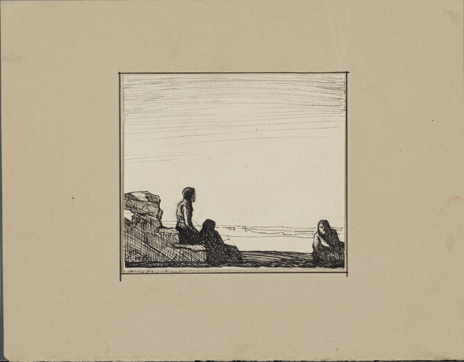 A black and white drawing of two figures, facing away from the viewer, sitting by a rock-like object, while a third figure sits facing the viewer