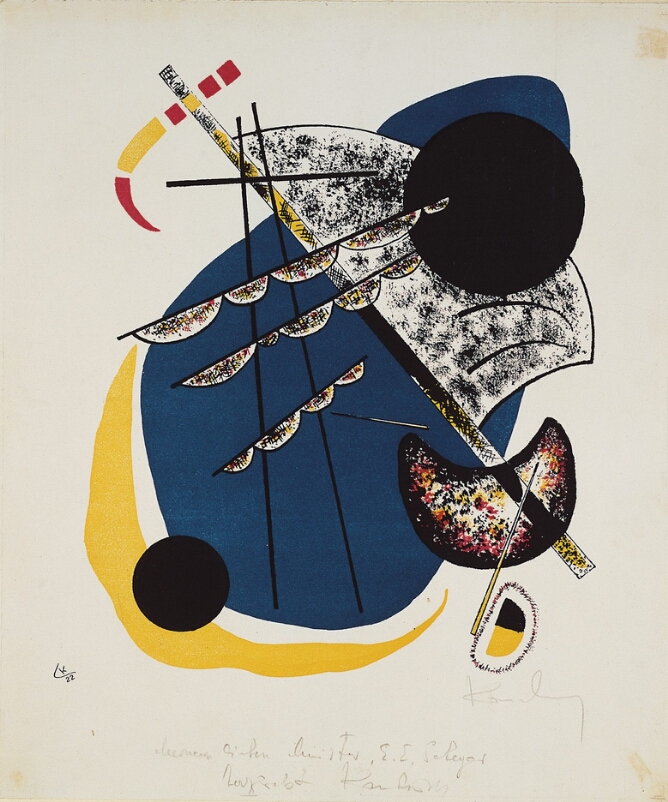 An abstract print of black parallel lines with white scalloped edges over a tilted sailboat with an overlapping black circle, against a swatch of blue and yellow