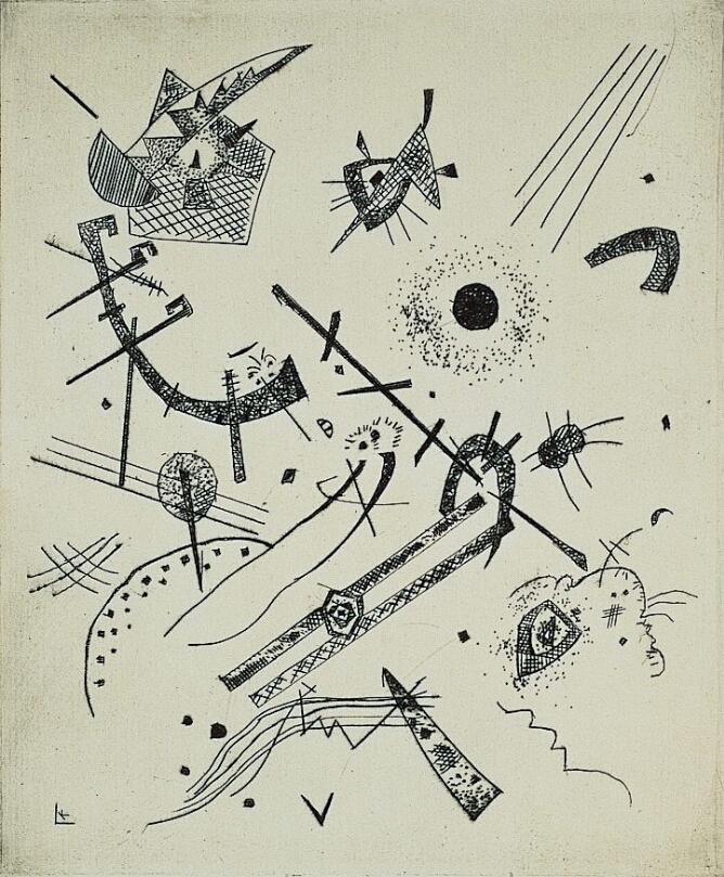 A black and white abstract print of parallel, intersecting, curved, cross-hatched lines floating among circles and dots