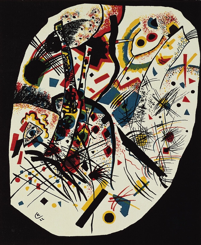 An abstract print of free-flowing black lines that intersect and curve among small red, yellow and blue geometric shapes scattered in an enclosed circular form against a black background