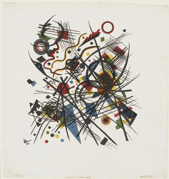 An abstract print featuring a cluster of intersecting, cross-hatched, curving diagonal lines overlapping red, yellow, blue and green scattered triangles, circles, squares and rectangles of varying sizes