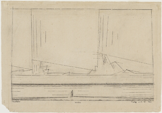 A black and white, abstract drawing of vertical and angular lines above a horizon line, with a small stick-like figure at the bottom, below the horizon
