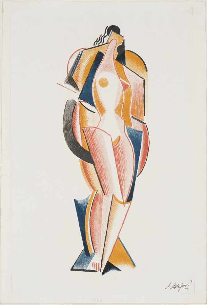 An abstract color print accentuating the body of a standing nude woman with curved and angular lines