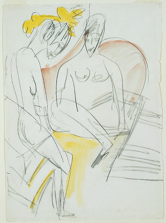 An energetic and expressive drawing of two nude women. The woman to the viewer's left is seen in profile with knees bent, while the woman to her left is seated facing the viewer, with washes of red and yellow around her