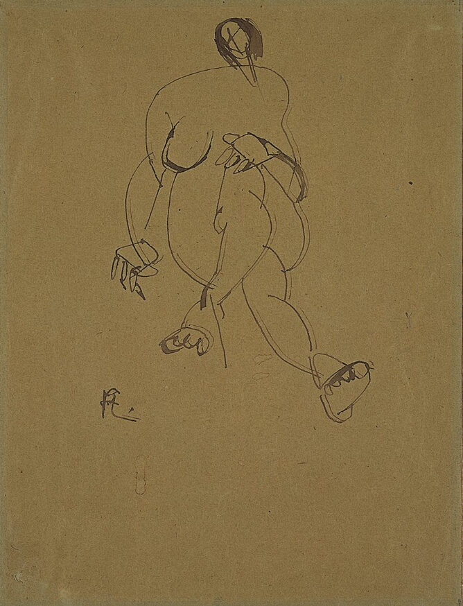 An abstract drawing of a seated nude woman facing the viewer with legs crossed, one hand on her knee and the other to her side