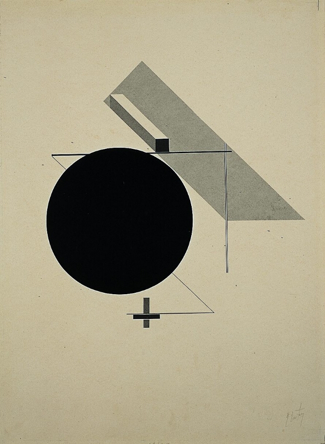 An abstract mixed media print of a black circle overlapping a zig-zag line, topped by a slanted gray rectangular shape, with a small inverted cross below the circle