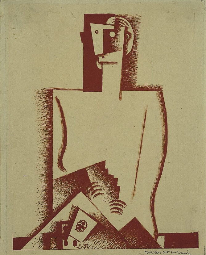 An abstract color print of an angular figure shown from the waist up with playing cards in the foreground