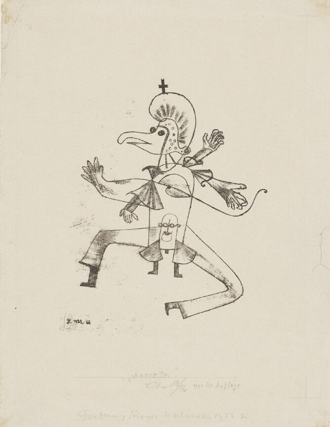 A black and white abstract print of a figure with a long nose, multiple arms, a small cross on top of their head, and an image of another head in their lower body