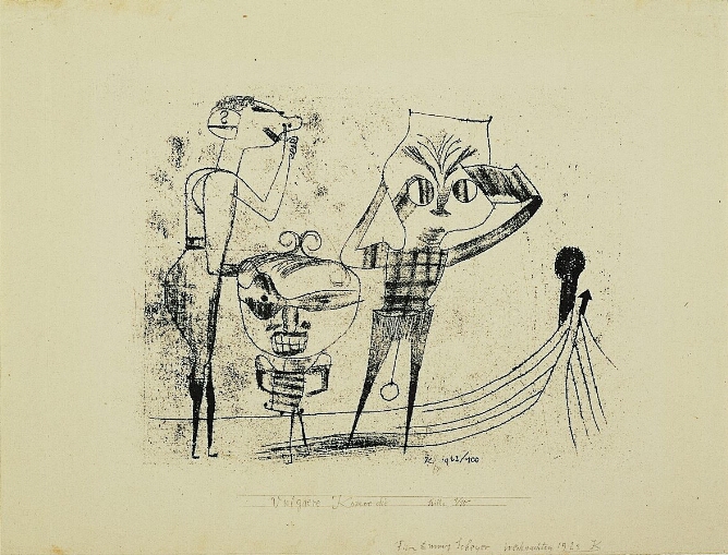 A black and white cartoon-like drawing of three standing figures. One stands in profile with a finger in their nose, a smaller figure with a large head grimaces and a third taller figure looks out at the viewer