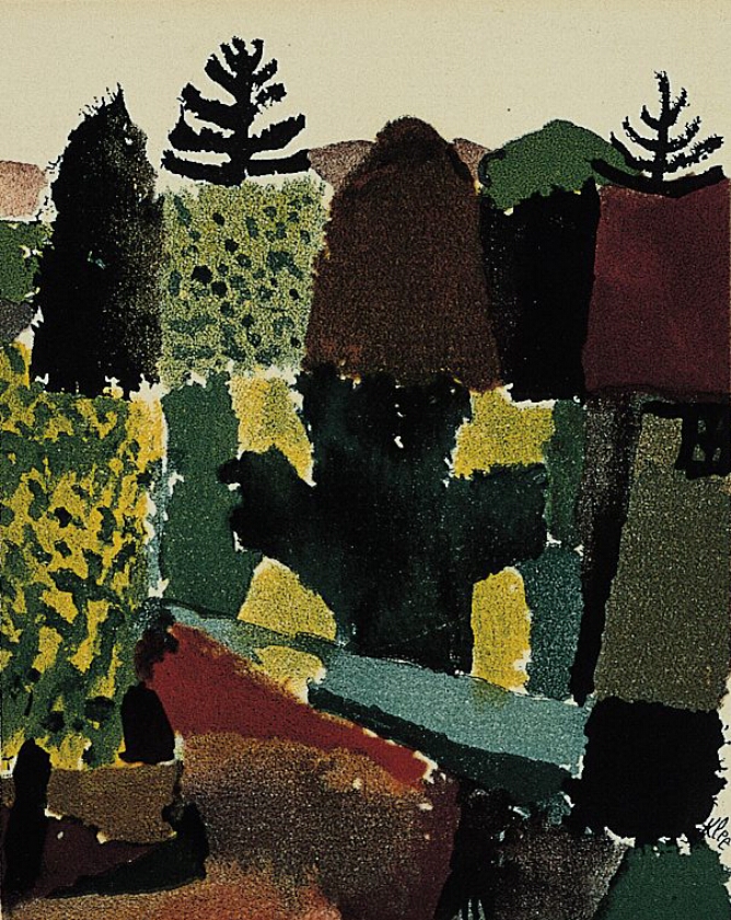 An abstract print featuring swatches of browns, greens, blue, yellow and red beneath two small black trees at the top
