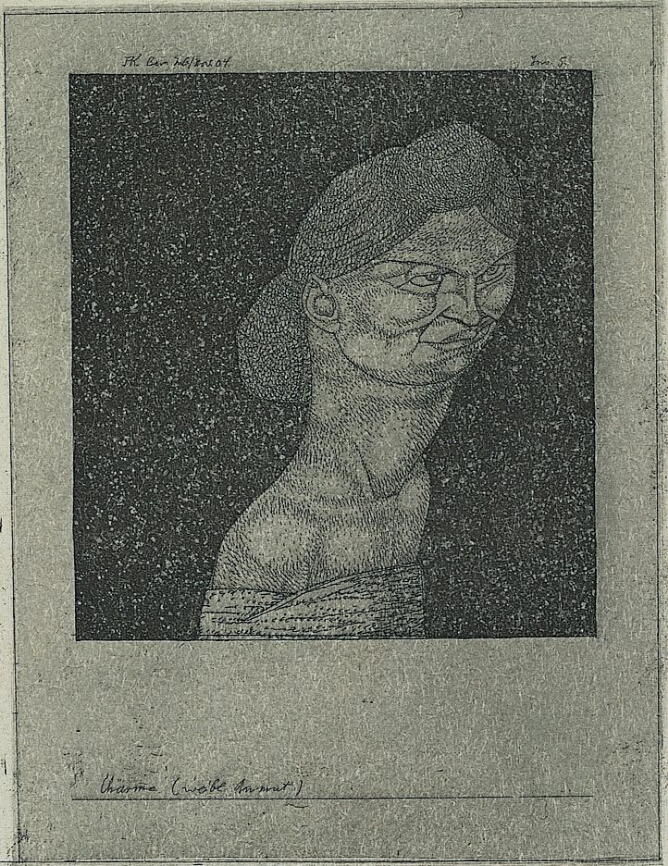 An abstract dark-toned print of a woman with a serious expression shown from the chest up facing the viewer's right against a textured black background