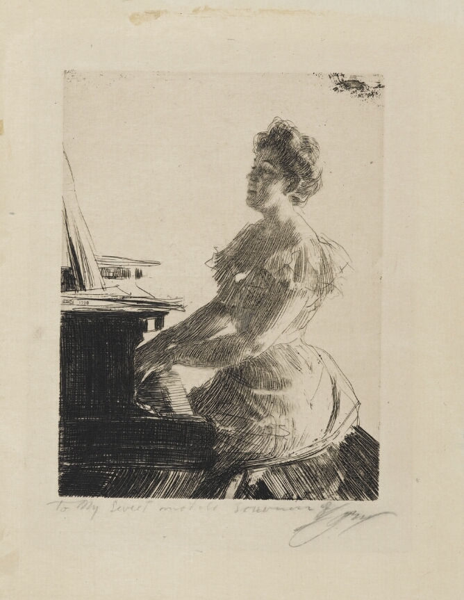 A black and white half-length portrait of a woman sitting at and playing a piano