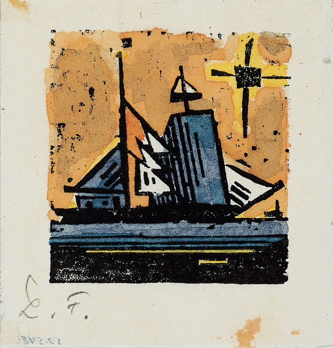 A mixed media abstract print of a blue, white and orange ship outlined in black against an orange sky and a black sun highlighted in yellow