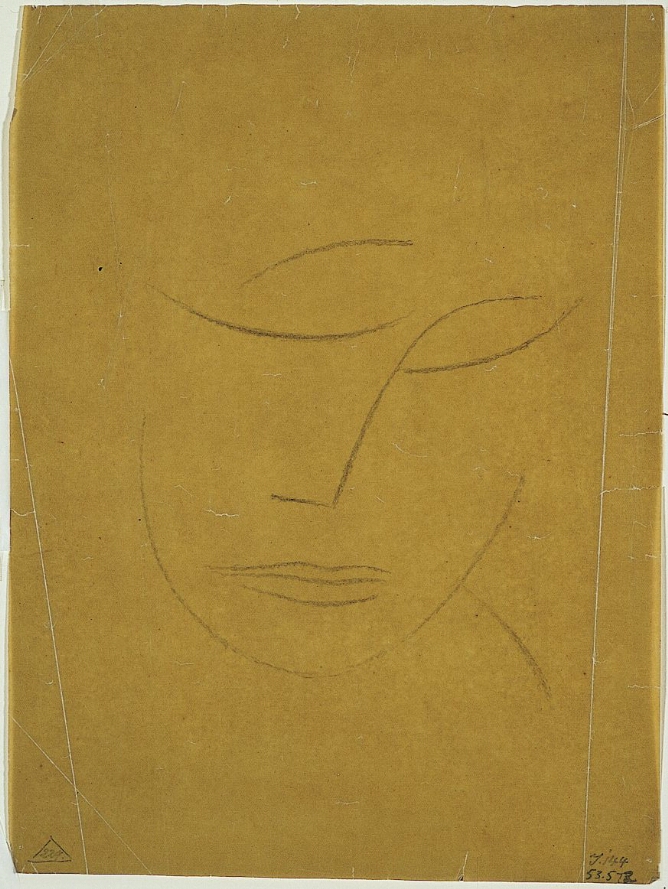 An abstract drawing of a head with eyes closed, slightly tilting to the viewer's right, using minimal lines