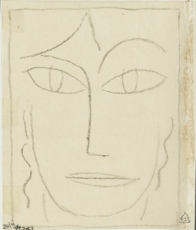 A black and white, abstract drawing of a face with minimal lines and a raised eyebrow, filling the frame