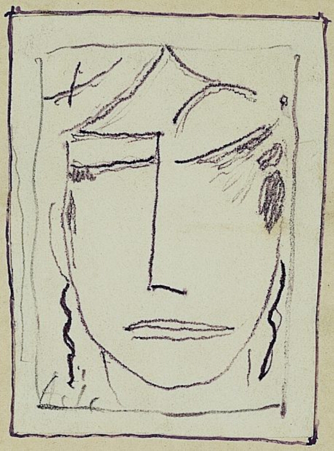 A mixed media, abstract drawing of a face with minimal lines, closed eyes and a raised eyebrow