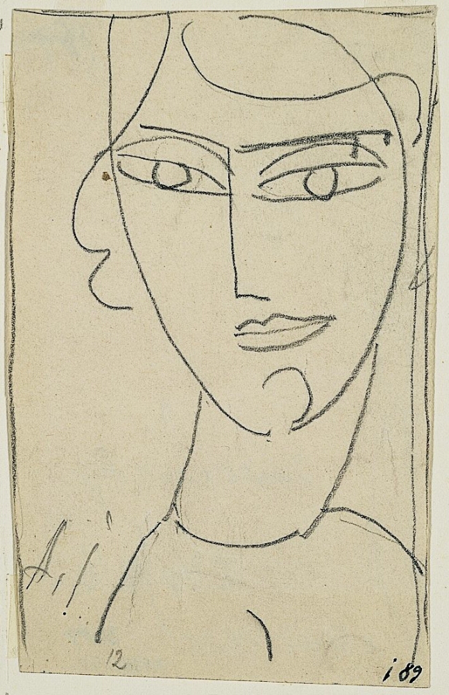 A black and white, abstract drawing of a girl shown from the shoulders up