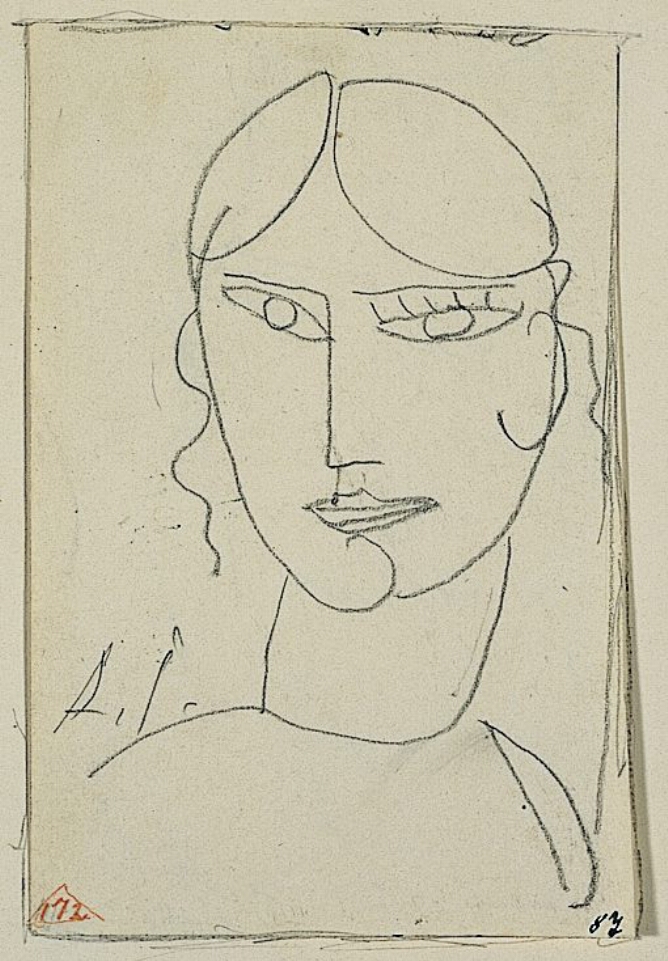 A black and white, abstract drawing of girl with prominent lashes on her left eye, shown from the shoulders up