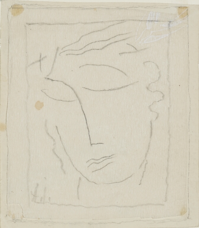 A black and white, abstract drawing of a head with eyes closed and minimal lines, slightly tilting to the viewer's left