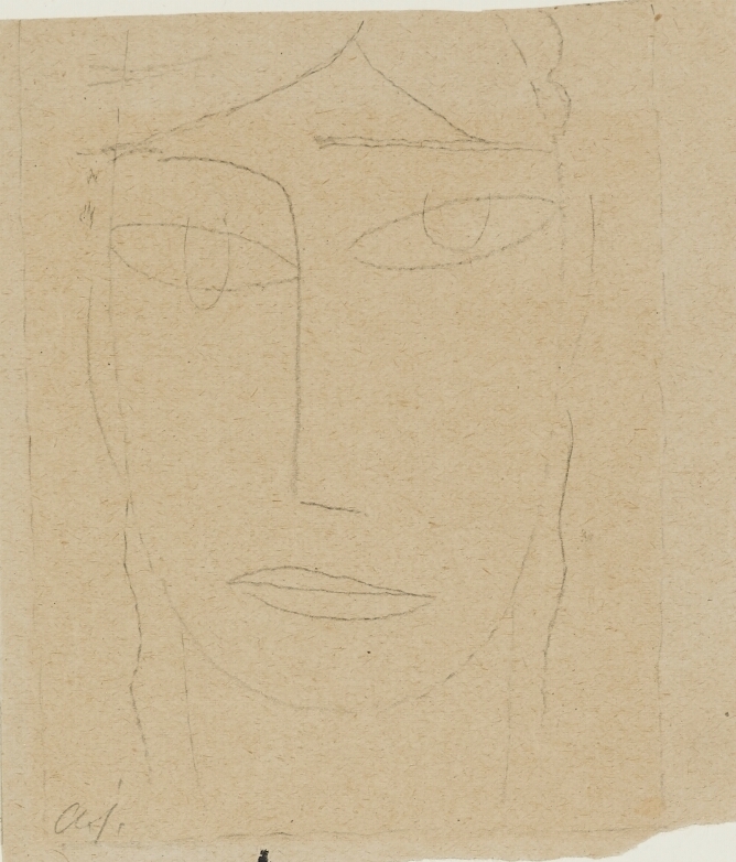 A black and white, abstract drawing of a face with minimal lines
