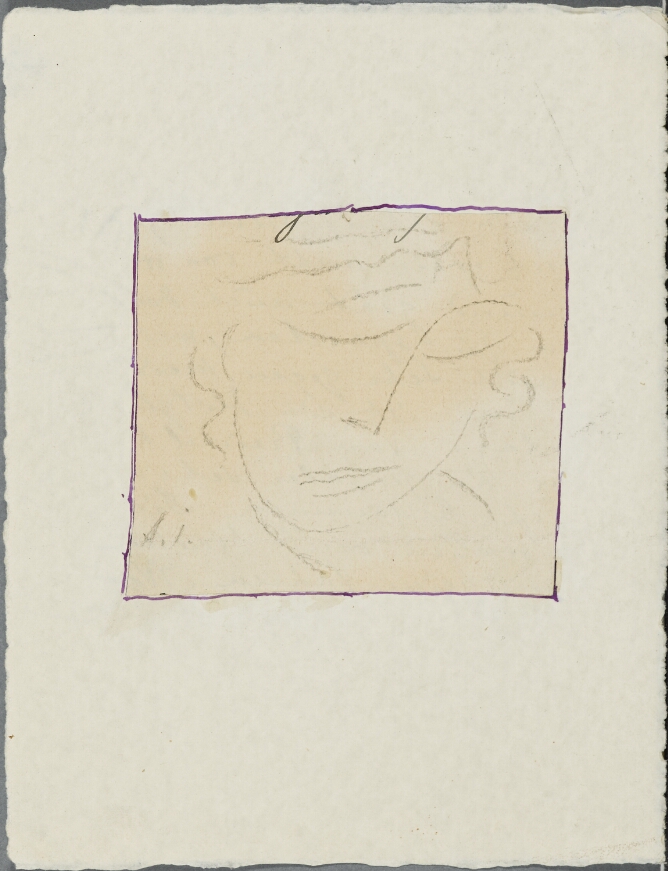 A black and white, abstract drawing of a head with closed eyes and minimal lines, slightly tilting to the viewer's right
