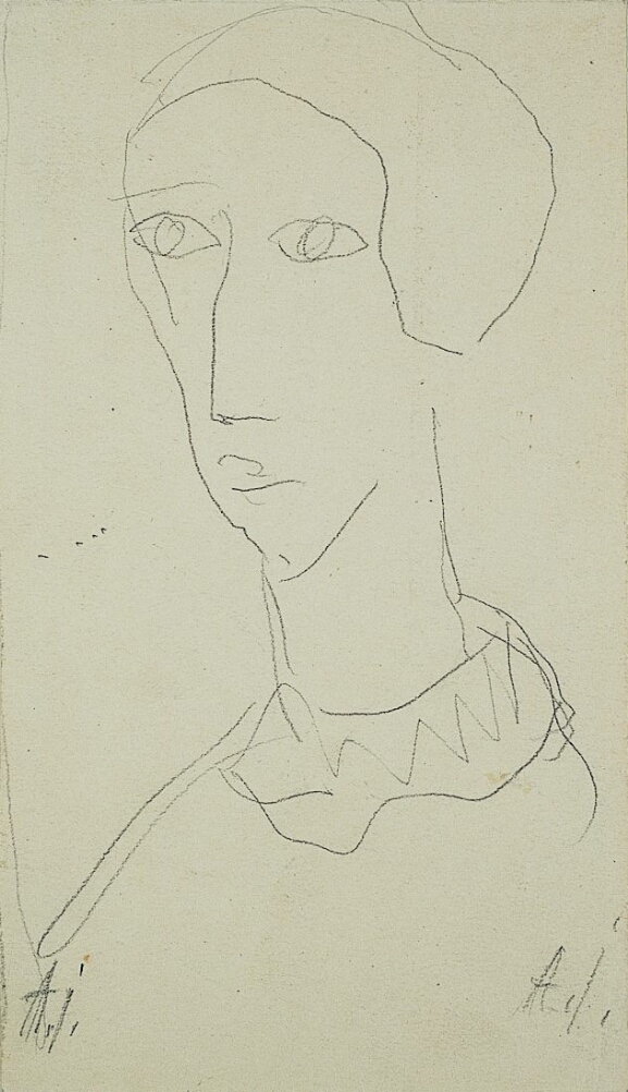 A black and white, abstract drawing of a figure in three-quarter view, shown from the shoulders up