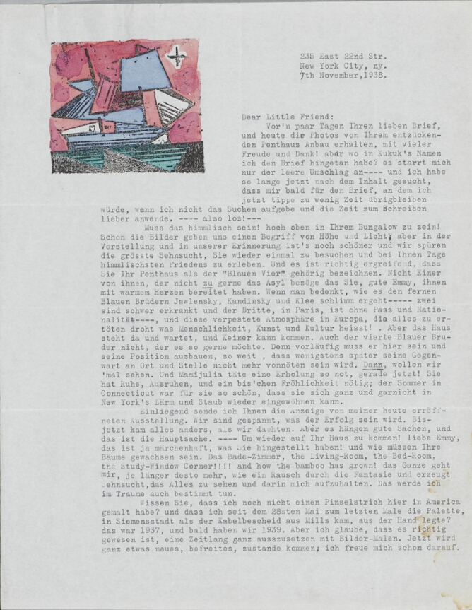 A typed letter with a mixed media print in the top left corner of a blue two-masted ship sailing under a pink sky with a black star