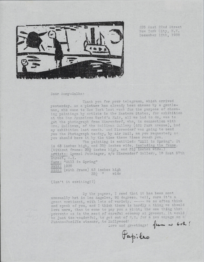 A typed letter with a handwritten closure. At the top left corner, a black and white abstract print of two figures standing by the sea with a sun, ship and moon in the background