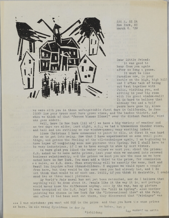 A typed letter with a black and white abstract print in the top left corner of figures in front of a building